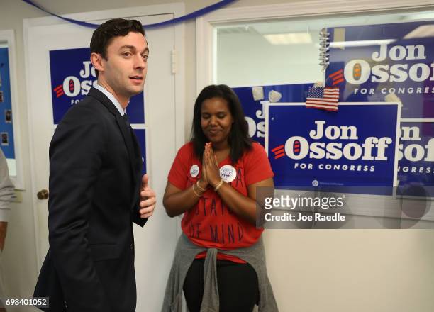 Democratic candidate Jon Ossoff visits a campaign office to speak with volunteers and supporters on Election Day as he runs for Georgia's 6th...