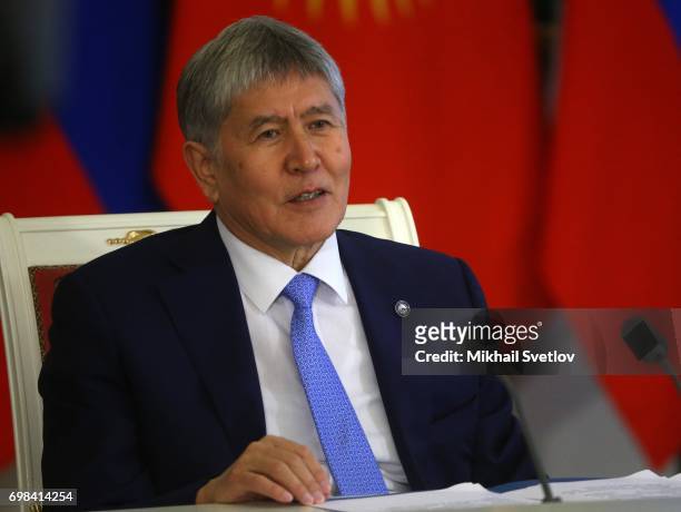 Kyrgyz President Almazbek Atambayev speeches during Russian-Kyrgyz talks at the Grand Kremlin Palace on June 20, 2017 in Moscow, Russia. President of...