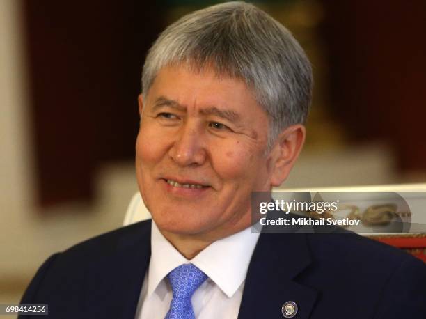 Kyrgyz President Almazbek Atambayev speeches during Russian-Kyrgyz talks at the Grand Kremlin Palace on June 20, 2017 in Moscow, Russia. President of...