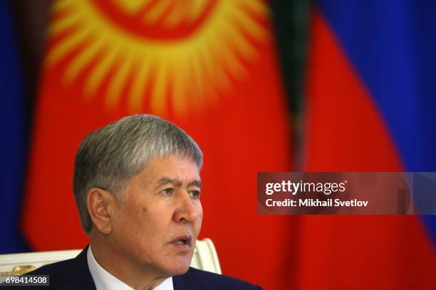 Kyrgyz President Almazbek Atambayev speeches during Russian-Kyrgyz talks at the Grand Kremlin Palace on June 20, 2017 in Moscow, Russia. President of...