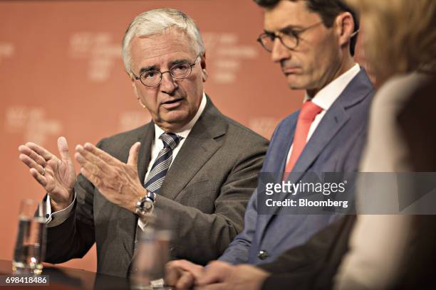 Paul Achleitner, chairman of Deutsche Bank AG, gestures as he speaks during the Swiss International Finance Forum in Bern, Switzerland, on Tuesday,...