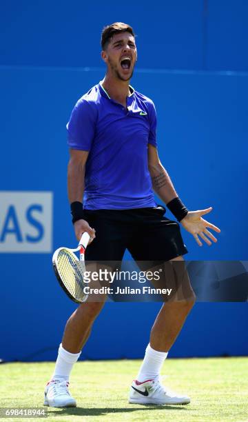 Thanasi Kokkinakis of Australia celebrates victory during mens singles first round match against Milos Raonic of Canada on day two of the 2017 Aegon...