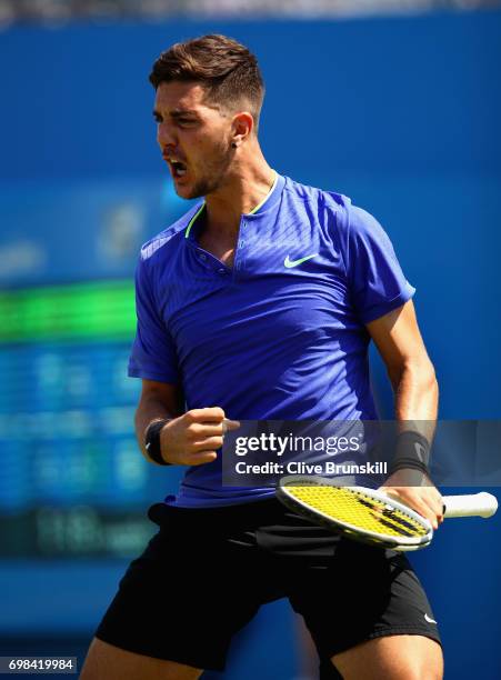 Thanasi Kokkinakis of Australia celebrates a point during mens singles first round match against Milos Raonic of Canada on day two of the 2017 Aegon...