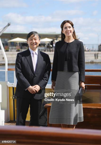 Japan's Crown Prince Naruhito and Denmark's Crown Princess Mary smile aboard a boat for a cruise through Copenhagen harbor on June 20, 2017. ==Kyodo