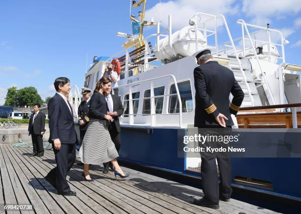 Japan's Crown Prince Naruhito and Denmark's Crown Princess Mary board a boat for a cruise through Copenhagen harbor on June 20, 2017. ==Kyodo