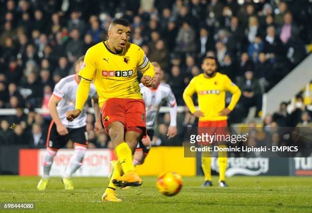 Watford's Troy Deeney scores his side's second goal during the Sky Bet Championship match at Craven Cottage, London.