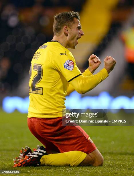 Watford's Almen Abdi celebrates scoring his side's fourth goal during the Sky Bet Championship match at Craven Cottage, London.