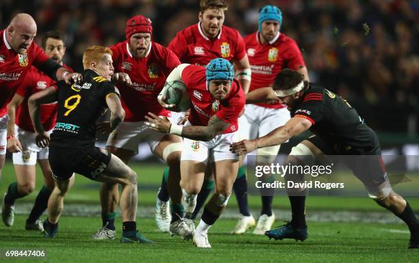 Jack Nowell of the Lions charges upfield during the match between the Chiefs and the British & Irish Lions at Waikato Stadium on June 20, 2017 in...