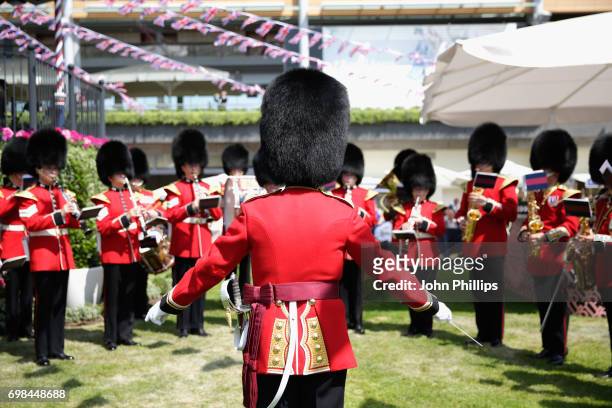 Marching band performing near the Bandstand lawn on day 1 of Royal Ascot at Ascot Racecourse on June 20, 2017 in Ascot, England.