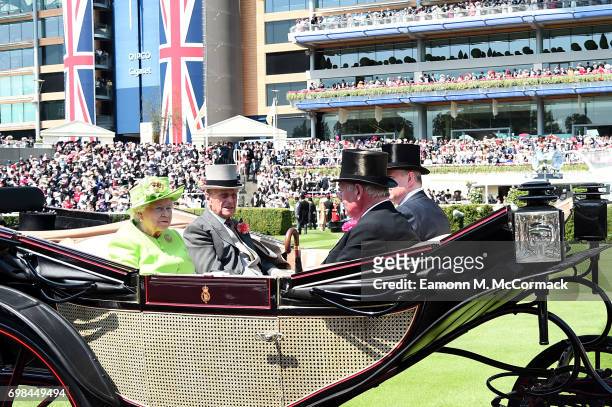 Queen Elizabeth II, Prince Philip, Duke of Edinburgh, Prince Andrew, Duke of York and Lord Vestey are seen during the Royal Procession on day 1 of...