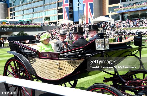 Queen Elizabeth II, Prince Philip, Duke of Edinburgh, Prince Andrew, Duke of York and Lord Vestey are seen during the Royal Procession on day 1 of...