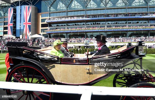 Queen Elizabeth II, Prince Philip, Duke of Edinburgh, Prince Andrew, Duke of York and Lord Vestey are seen during the Royal Procession on day 1 of...