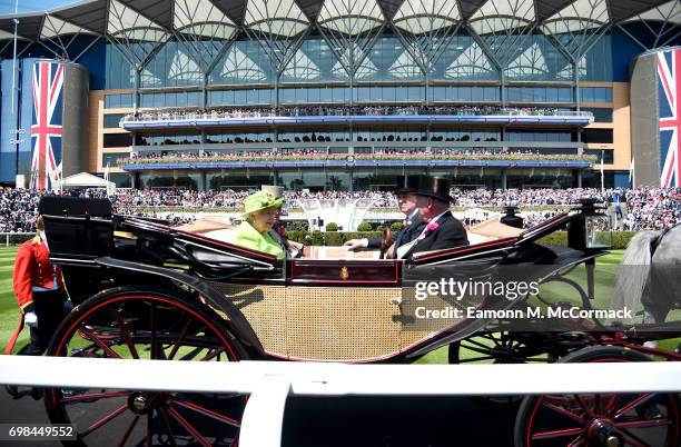 Queen Elizabeth II, Prince Philip, Duke of Edinburgh, Prince Andrew, Duke of York and Lord Vestey are seen during the Royal Procession on day 1 of...