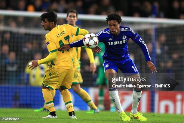 Sporting Lisbon's Ricardo Esgaio and Chelsea's Loic Remy battle for the ball