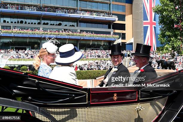 Peter Phillips, Autumn Phillips, Jane Fellowes, Baroness Fellowes and Robert Fellowes, Baron Fellowes on day 1 of Royal Ascot at Ascot Racecourse on...