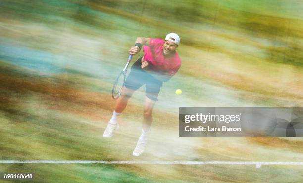 Tommy Haas of Germany serves during his match against Bernard Tomic of Australia during Day 4 of the Gerry Weber Open 2017 at on June 20, 2017 in...