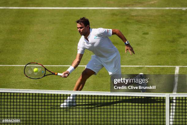 Stan Wawrinka of Switzerland plays a volley during mens singles first round match against Feliciano Lopez of Spain on day two of the 2017 Aegon...