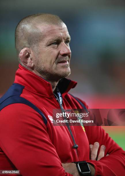 Graham Rowntree, the Lions scrum coach looks on during the match between the Chiefs and the British & Irish Lions at Waikato Stadium on June 20, 2017...