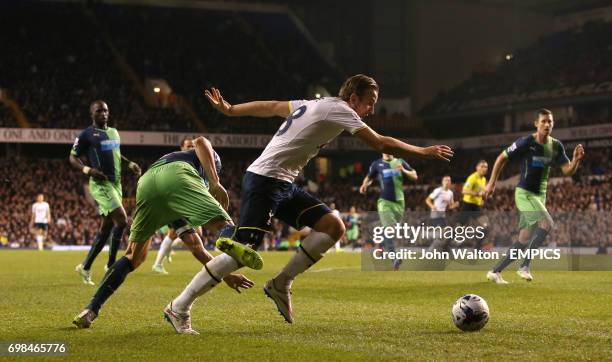 Newcastle United's Fabricio Coloccini and Tottenham Hotspur's Harry Kane tumble in the penalty area