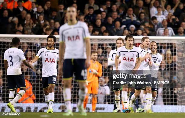 Tottenham Hotspur's Roberto Soldado celebrates scoring is side's fourth goal of the game with teammates