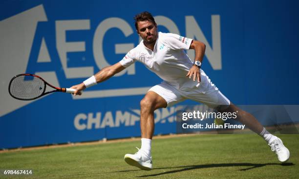 Stan Wawrinka of Switzerland plays a forehand during mens singles first round match against Feliciano Lopez of Spain on day two of the 2017 Aegon...