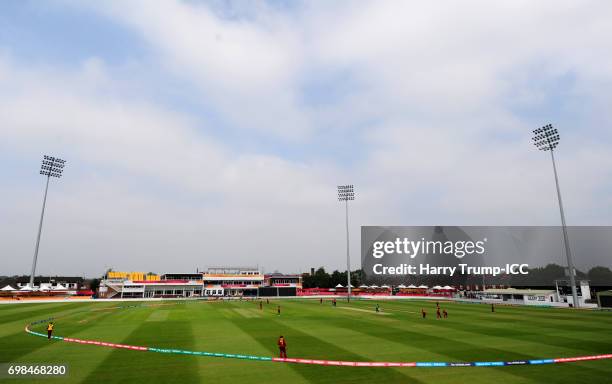 General view of play during the ICC Women's World Cup Warm Up Match between West Indies Women and Pakistan Women at Grace Road on June 20, 2017 in...