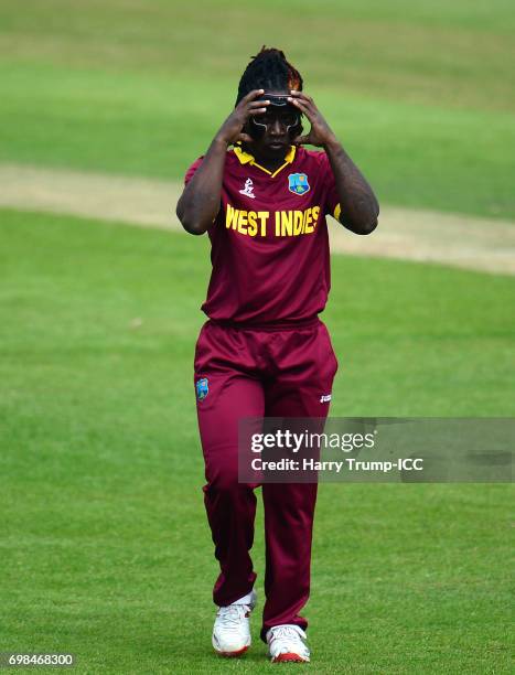 Deandra Dottin of West Indies Women during the ICC Women's World Cup Warm Up Match between West Indies Women and Pakistan Women at Grace Road on June...
