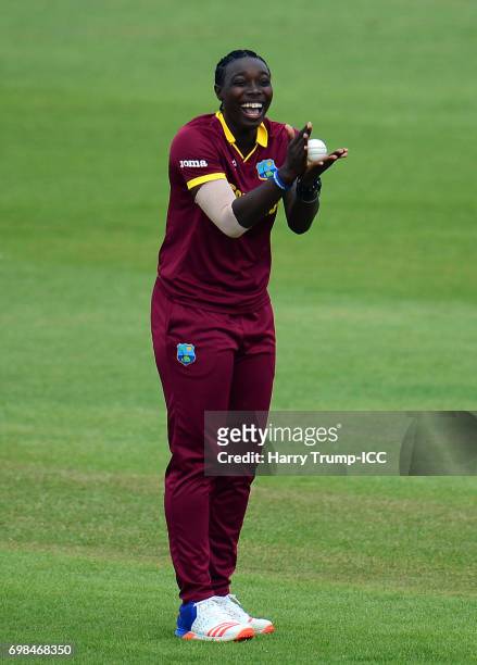 Shamilia Connell of West Indies Women celebrates after taking a catch to dismiss Nahida Khan of Pakistan during the ICC Women's World Cup Warm Up...