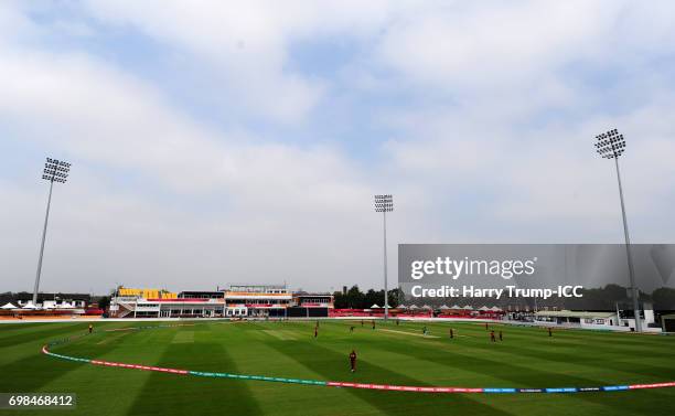 General view of play during the ICC Women's World Cup Warm Up Match between West Indies Women and Pakistan Women at Grace Road on June 20, 2017 in...