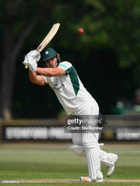 Worcestershire batsman Joe Leach hits out during the Specsavers County Championship Division Two between Worcestershire and Kent at New Road on June...