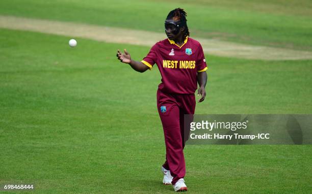 Deandra Dottin of West Indies Women during the ICC Women's World Cup Warm Up Match between West Indies Women and Pakistan Women at Grace Road on June...