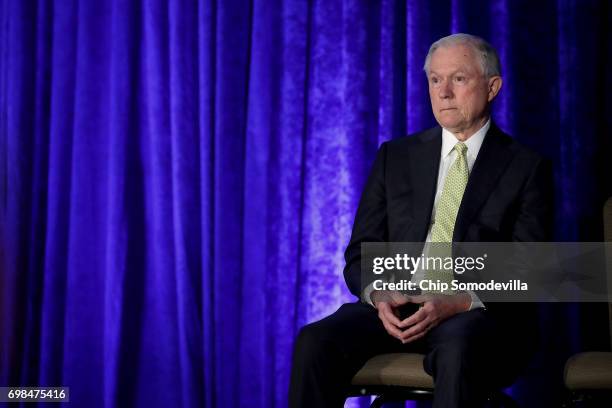 Attorney General Jeff Sessions attends the National Summit on Crime Reduction and Public Safety at the Hyatt Regency hotel June 20, 2017 in Bethesda,...