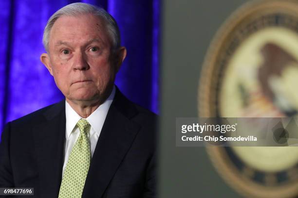 Attorney General Jeff Sessions attends the National Summit on Crime Reduction and Public Safety at the Hyatt Regency hotel June 20, 2017 in Bethesda,...