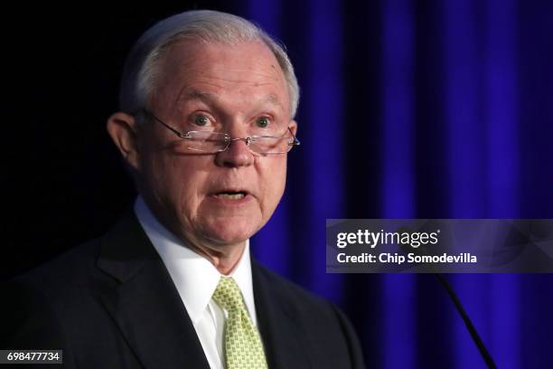 Attorney General Jeff Sessions addresses the National Summit on Crime Reduction and Public Safety at the Hyatt Regency hotel June 20, 2017 in...