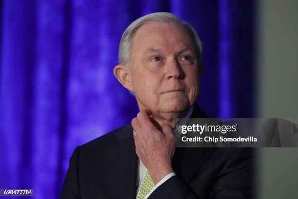 Attorney General Jeff Sessions attends the National Summit on Crime Reduction and Public Safety at the Hyatt Regency hotel June 20, 2017 in Bethesda,...