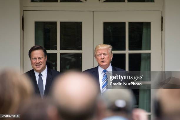 , President Juan Carlos Varela of Panama, and U.S. President Donald Trump, pose for a photo before going in to the Oval Office of the White House, on...