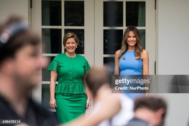 , First Lady Lorena Castillo Varela of Panama, and U.S. First Lady Melania Trump, pose for a photo before heading to the Oval Office of the White...