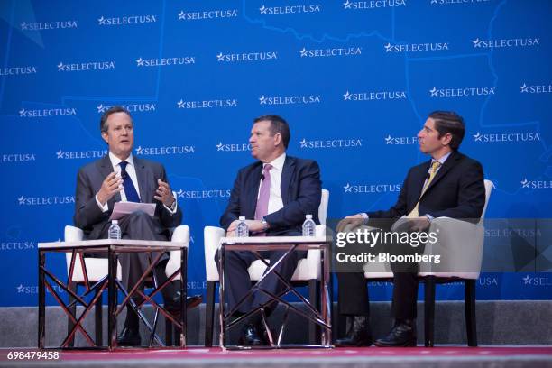 Douglas Peterson, president and chief executive officer of S&P Global Inc., from left, Brett Himbury, chief executive officer of Industry Funds...