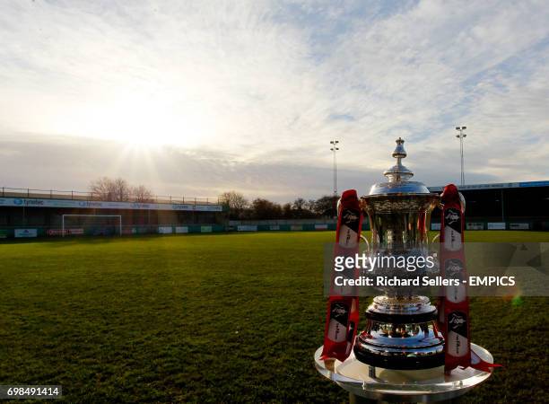 The FA cup on display at Blyth Spartans, Croft Park