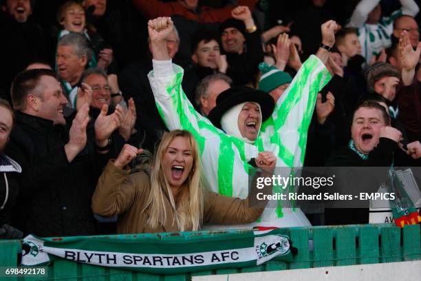 Blyth Spartans fans celebrate after scoring the second goal