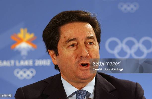 President Ottavio Cinquanta answers questions from the media during the joint IOC and ISU Press Conference in the Main Media Center during the 2002...