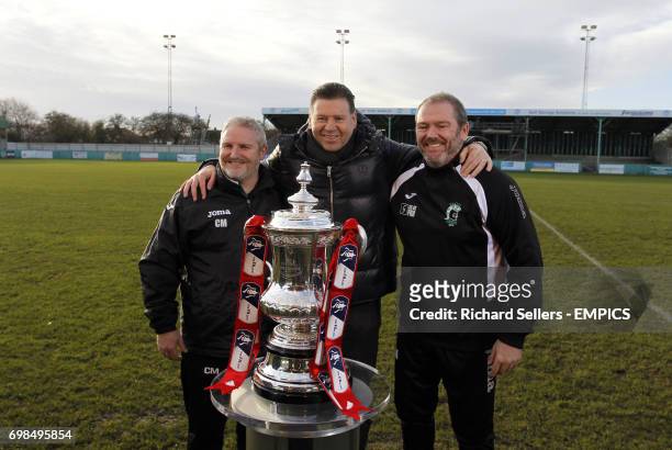 Chris Waddle and Blyth Spartans assistant manager Colin Myers with the FA Cup trophy