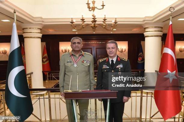Chief of the General Staff of the Turkish Armed Forces Hulusi Akar meets with Pakistan Army Chief General Qamar Javed Bajwa in Ankara, Turkey on June...