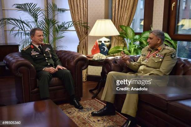 Chief of the General Staff of the Turkish Armed Forces Hulusi Akar meets with Pakistan Army Chief General Qamar Javed Bajwa in Ankara, Turkey on June...