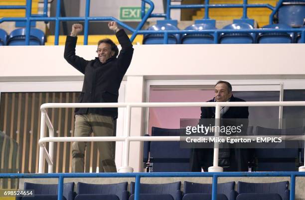 Leeds United banned owner Massimo Cellino celebrates their first goal