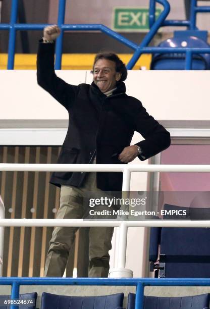 Leeds United banned owner Massimo Cellino celebrates their first goal