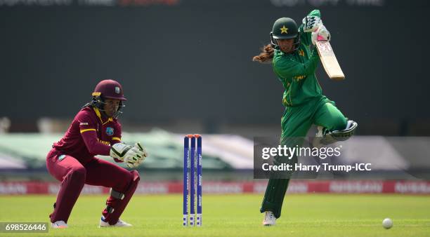 Nain Abidi of Pakistan bats during the ICC Women's World Cup Warm Up Match between West Indies Women and Pakistan Women at Grace Road on June 20,...