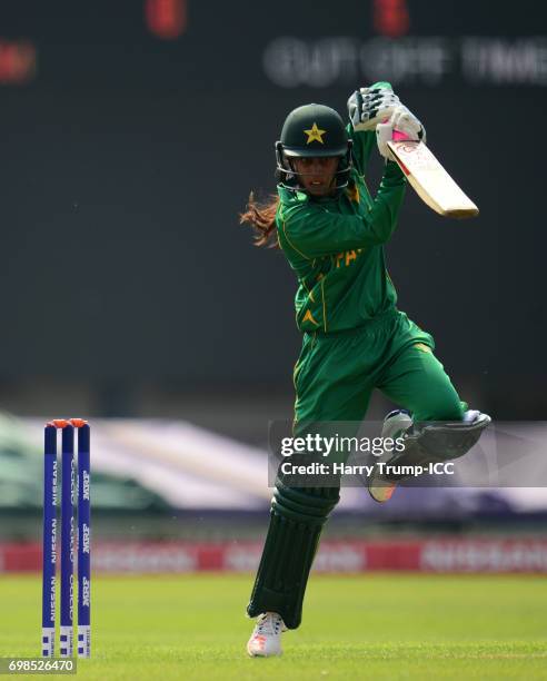 Nain Abidi of Pakistan bats during the ICC Women's World Cup Warm Up Match between West Indies Women and Pakistan Women at Grace Road on June 20,...