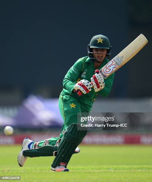 Bismah Maroof of Pakistan bats during the ICC Women's World Cup Warm Up Match between West Indies Women and Pakistan Women at Grace Road on June 20,...