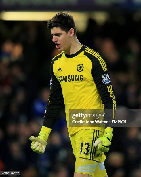 Chelsea goalkeeper Thibaut Courtois celebrates after team-mate Branislav Ivanovic scores their first goal